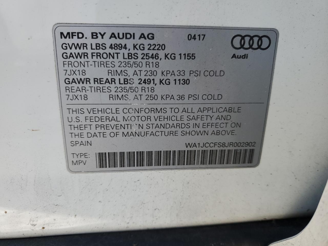 2018 Audi Q3 VIN WA1JCCFS8JR002902 Copart auction photo, front end / minor dent/scratches damage thumbnail 13