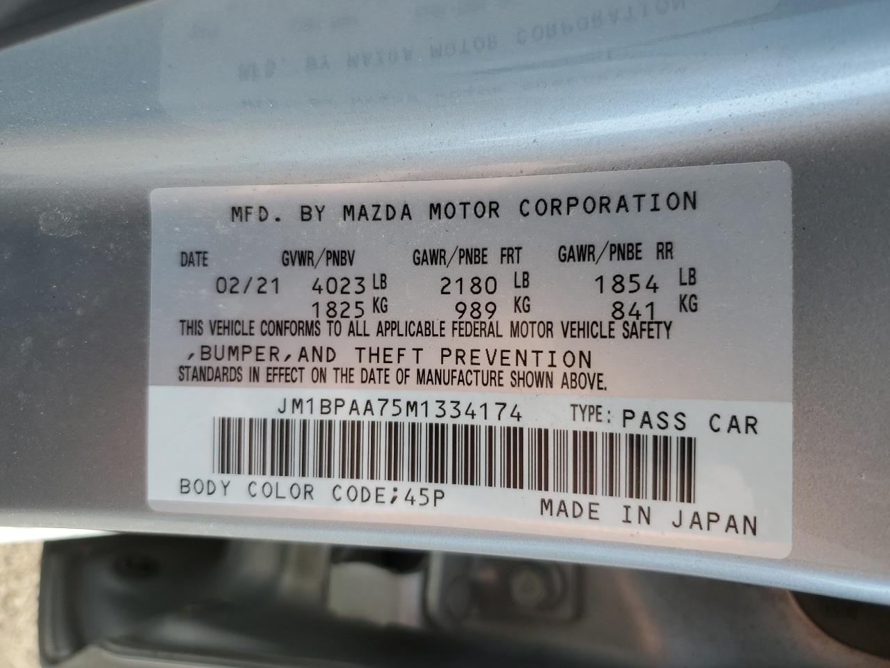 2021 Mazda 3 VIN JM1BPAA75M1334174 Copart auction photo, frame damage / front end damage thumbnail 12