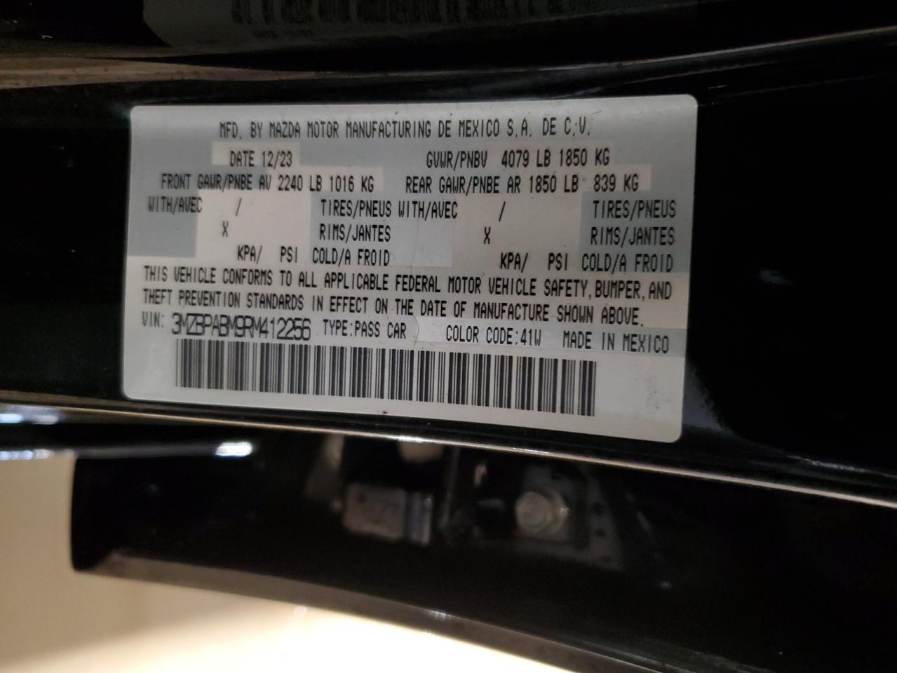 2024 Mazda 3 VIN 3MZBPABM9RM412256 Copart auction photo, side / front end damage thumbnail 12
