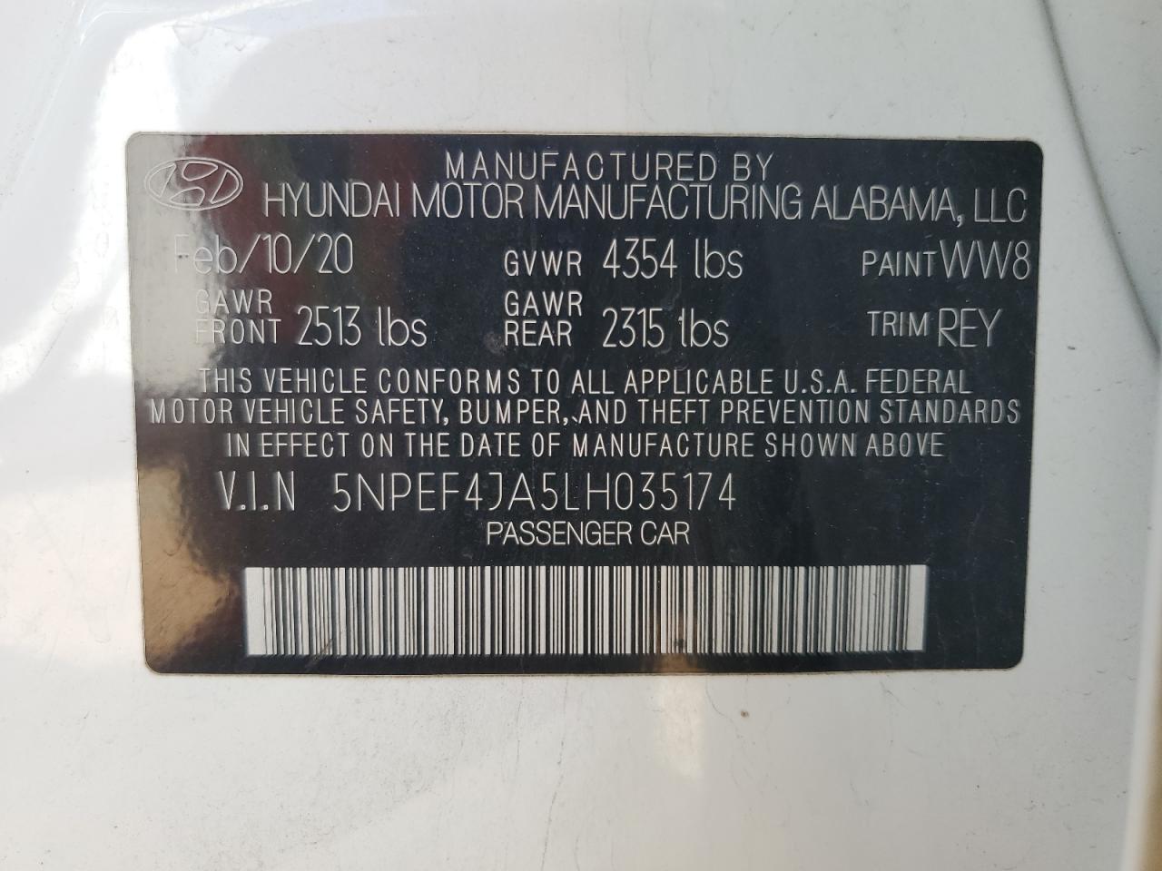 2020 Hyundai Sonata VIN 5NPEF4JA5LH035174 Copart auction photo, front end damage thumbnail 12