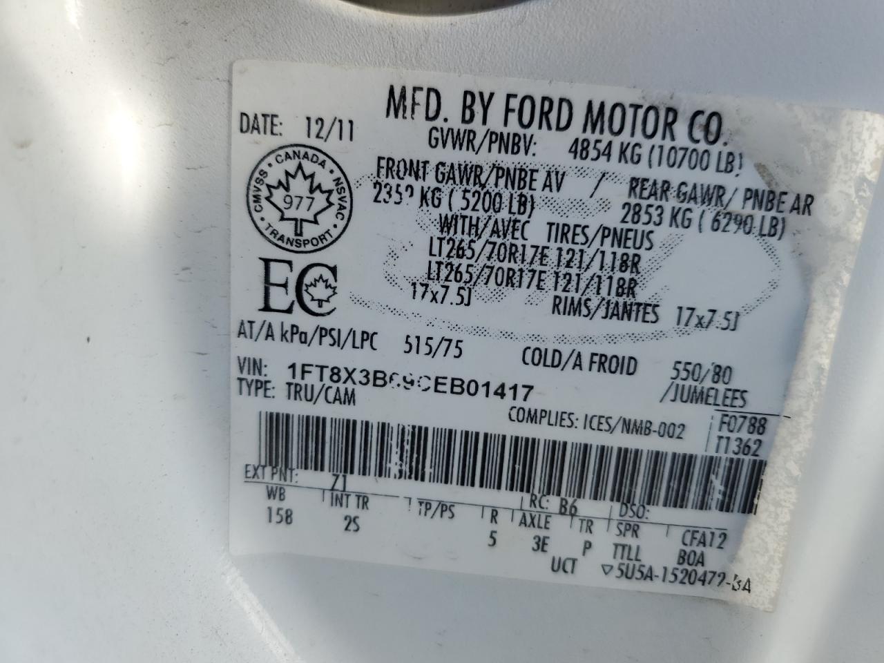 2012 Ford F350 VIN 1FT8X3B69CEB01417 Copart auction photo, side damage thumbnail 12