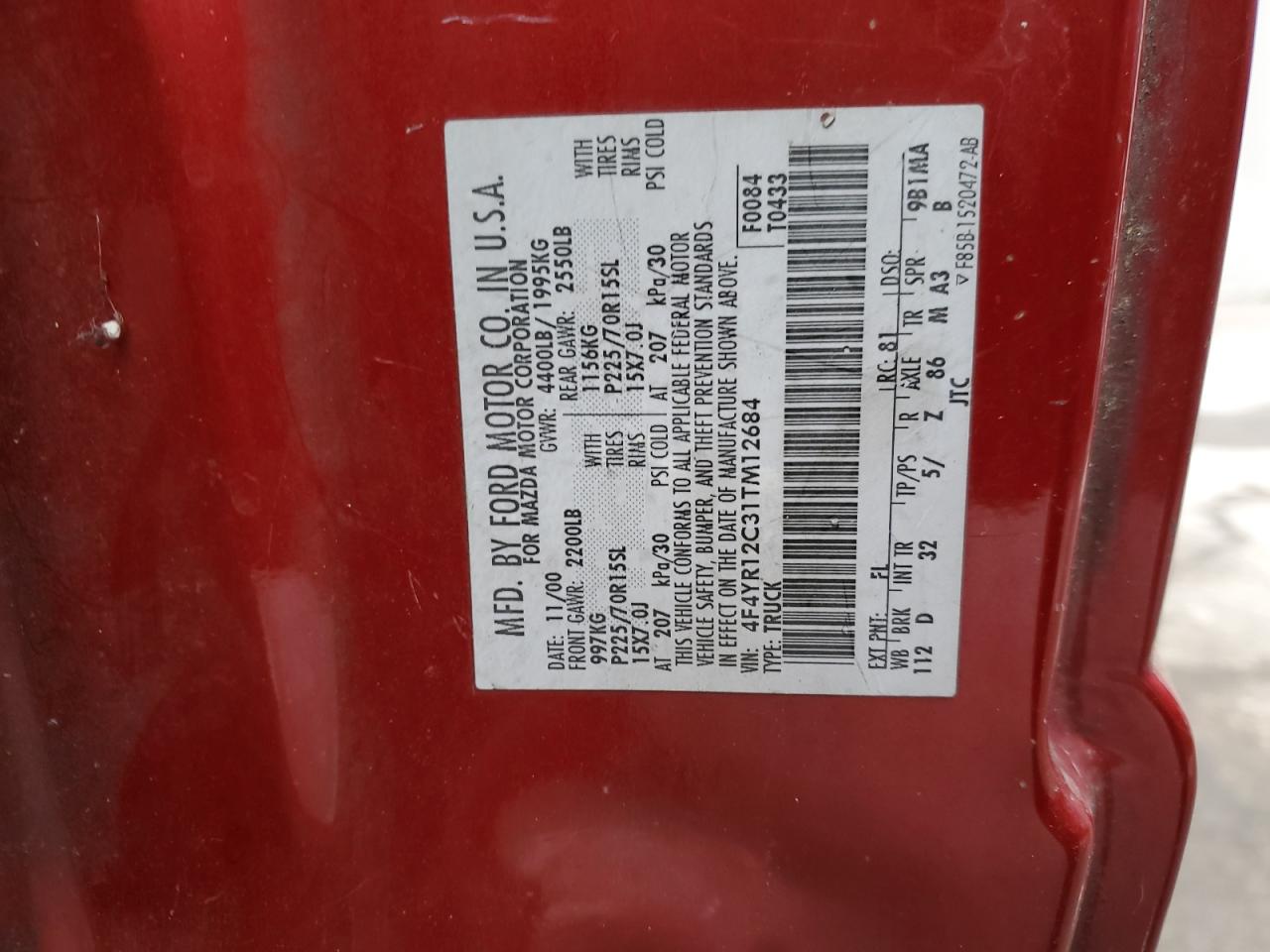 2001 Mazda B-series VIN 4F4YR12C31TM12684 Copart auction photo, rear end damage thumbnail 12