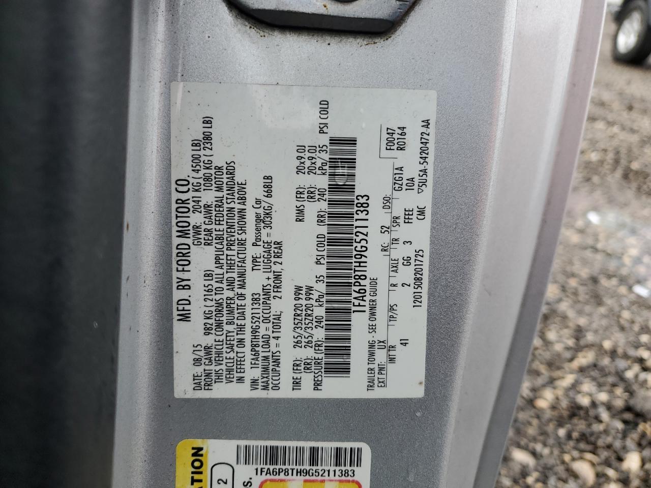 2016 Ford Mustang VIN 1FA6P8TH9G5211383 Copart auction photo, side / front end damage thumbnail 12