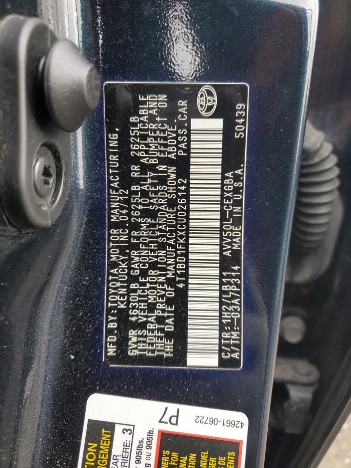 2012 Toyota Camry VIN 4T1BD1FKXCU026142 Copart auction photo, mechanical / minor dent/scratches damage thumbnail 12