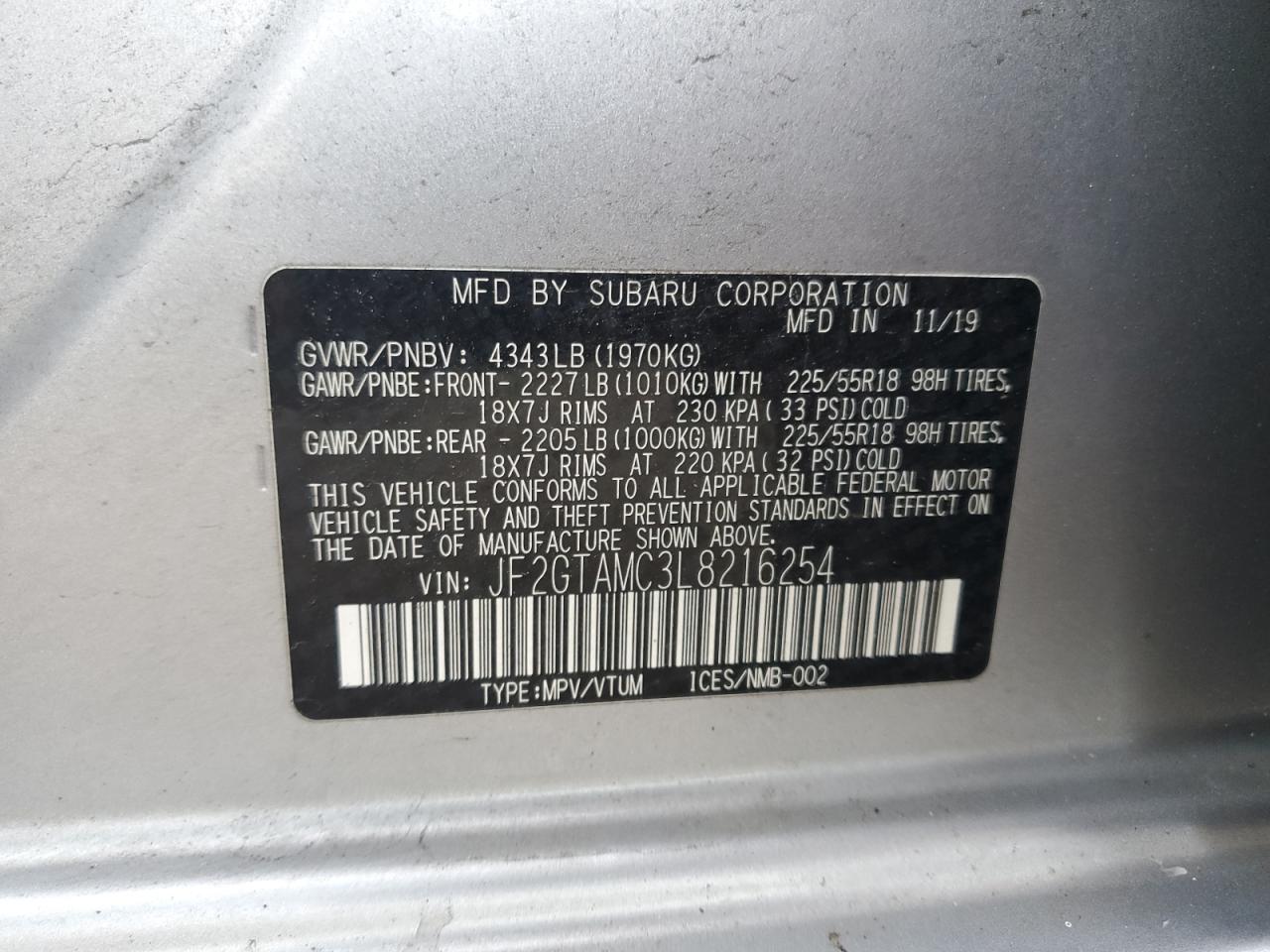 2020 Subaru XV VIN JF2GTAMC3L8216254 Copart auction photo, all over damage thumbnail 13