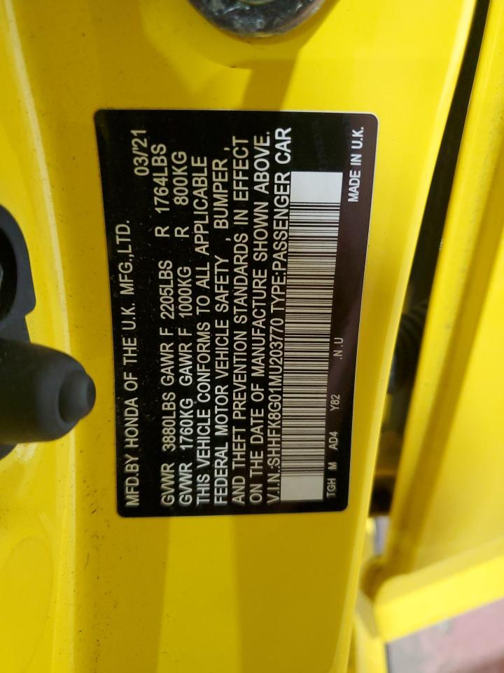 2021 Honda Civic VIN SHHFK8G01MU203770 Copart auction photo, front end / minor dent/scratches damage thumbnail 13