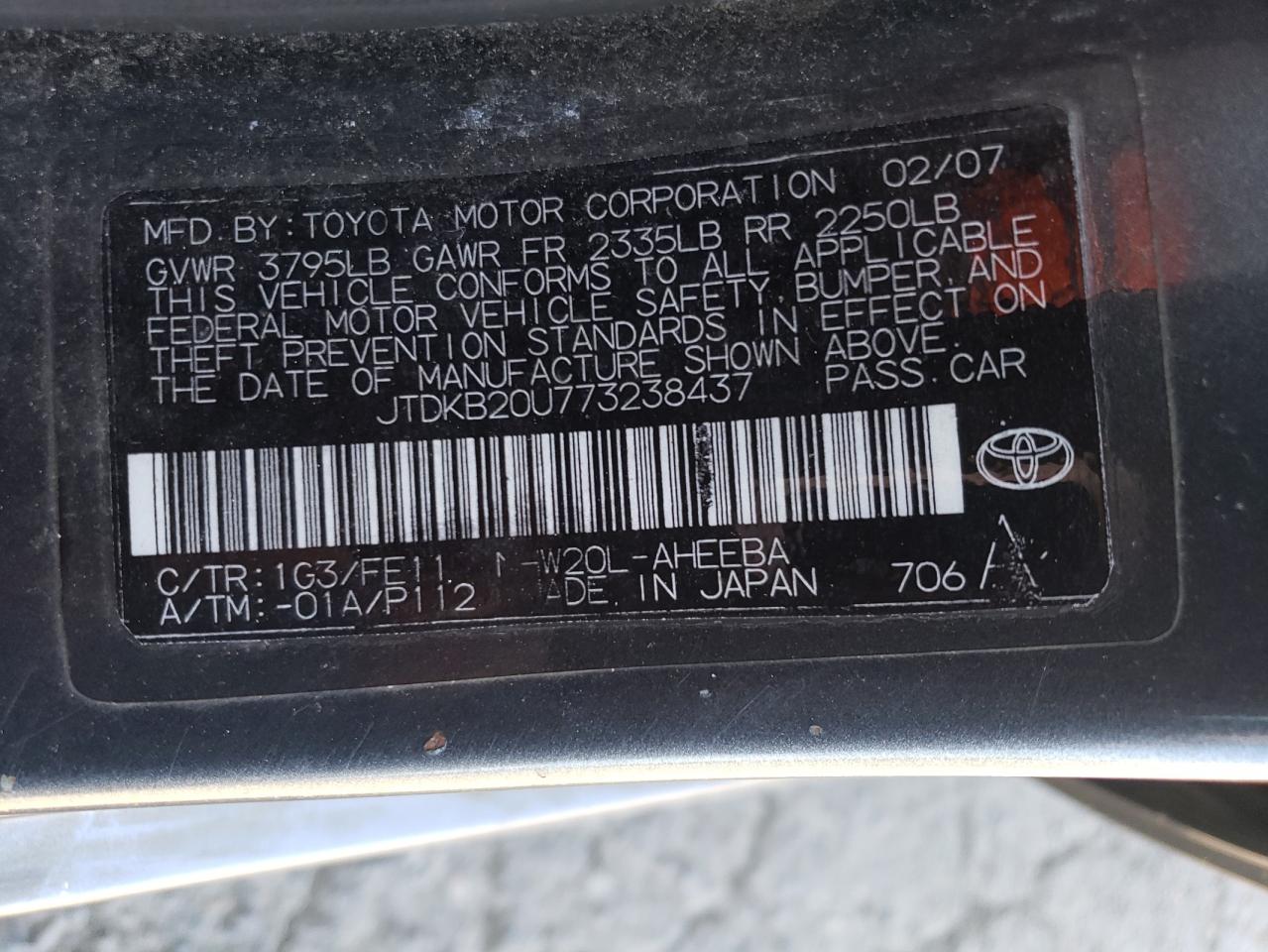 2007 Toyota Prius VIN JTDKB20U773238437 Copart auction photo, side damage thumbnail 12