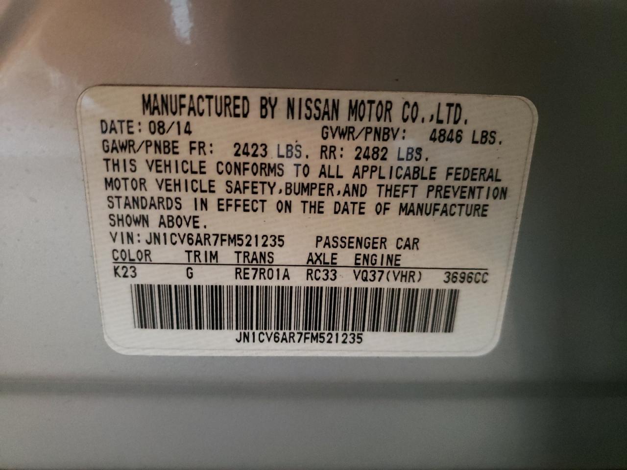 2015 Infiniti Q40 VIN JN1CV6AR7FM521235 Copart auction photo, front end / minor dent/scratches damage thumbnail 12