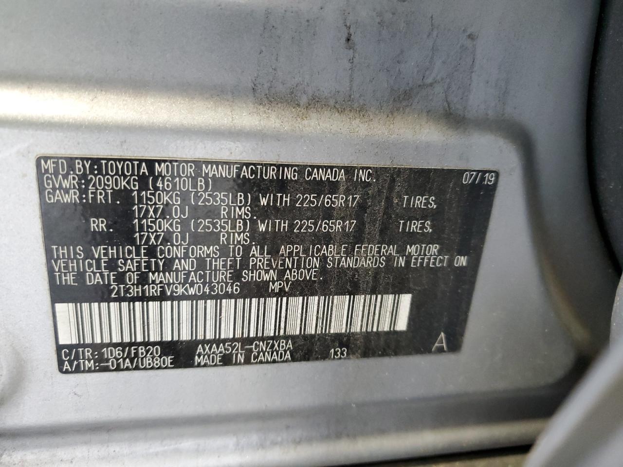 2019 Toyota RAV 4 VIN 2T3H1RFV9KW043046 Copart auction photo, front end damage thumbnail 15