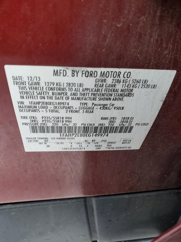 2014 Ford Taurus VIN 1FAHP2E80EG149974 Copart auction photo, rear end damage thumbnail 12