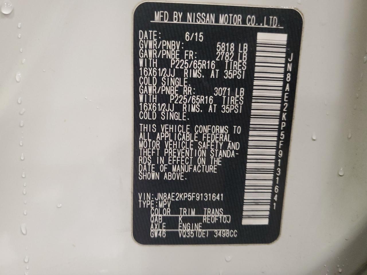 2015 Nissan Quest VIN JN8AE2KP5F9131641 Copart auction photo, front end damage thumbnail 13