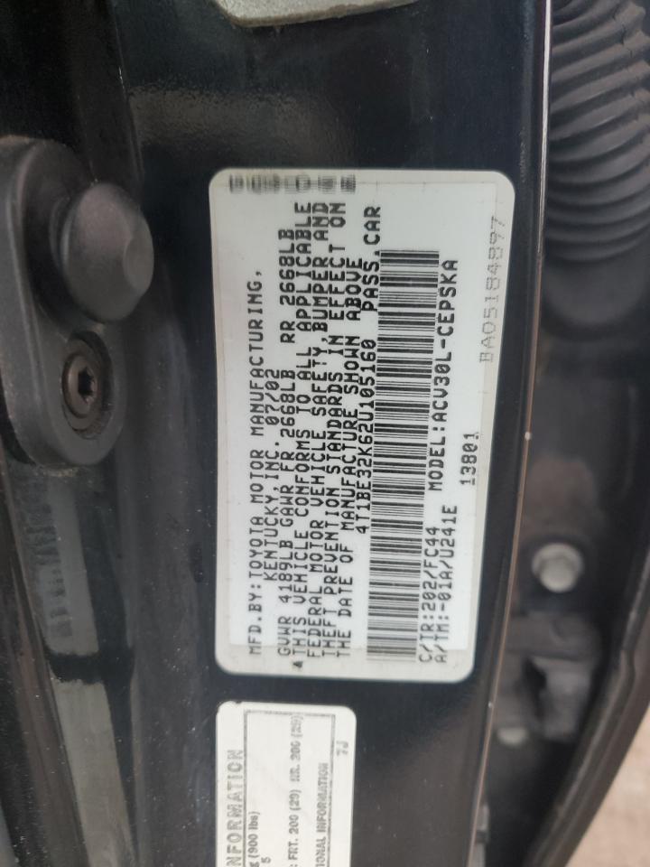2002 Toyota Camry VIN 4T1BE32K62U105160 Copart auction photo, rear end damage thumbnail 14