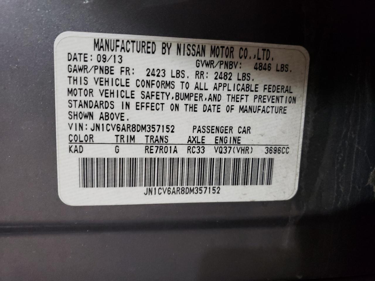 2013 Infiniti G VIN JN1CV6AR8DM357152 Copart auction photo, rear end / minor dent/scratches damage thumbnail 12