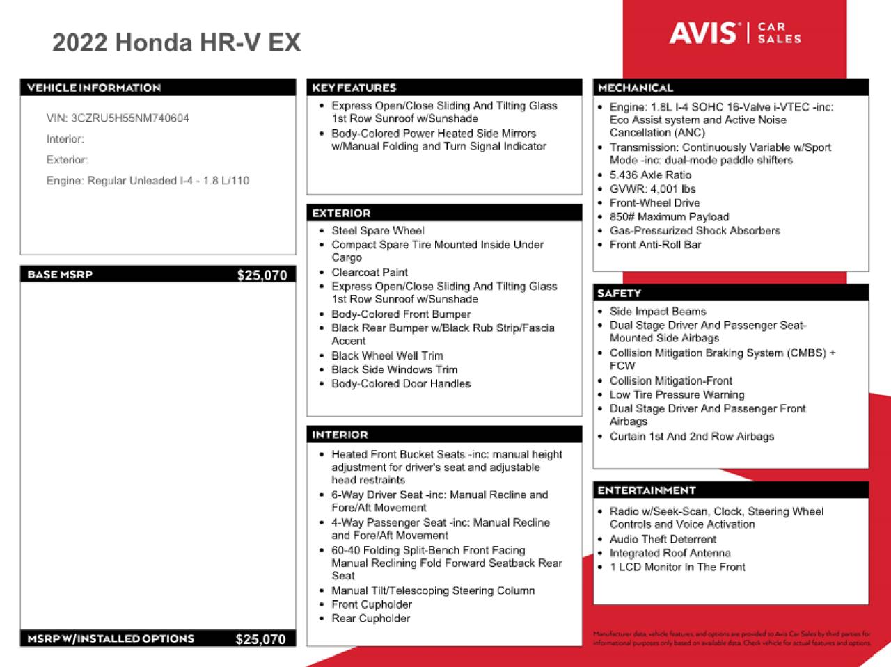 2022 Honda HR-V VIN 3CZRU5H55NM740604 Copart auction photo, front end / minor dent/scratches damage thumbnail 13