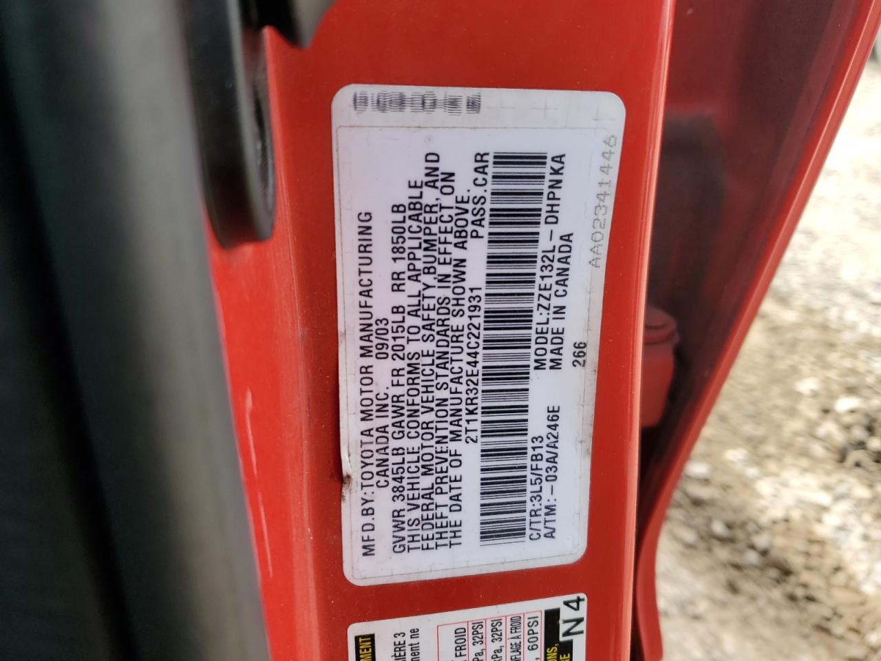 2004 Toyota Corolla VIN 2T1KR32E44C221931 Copart auction photo, normal wear damage thumbnail 12
