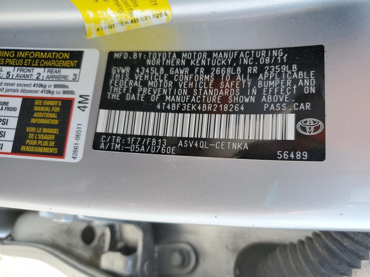 2011 Toyota Camry VIN 4T4BF3EK4BR218264 Copart auction photo, front end damage thumbnail 14