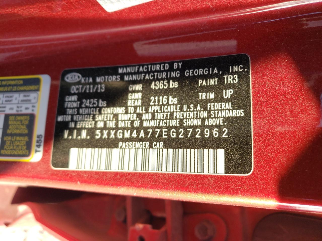 2014 KIA Optima VIN 5XXGM4A77EG272962 Copart auction photo, all over damage thumbnail 13