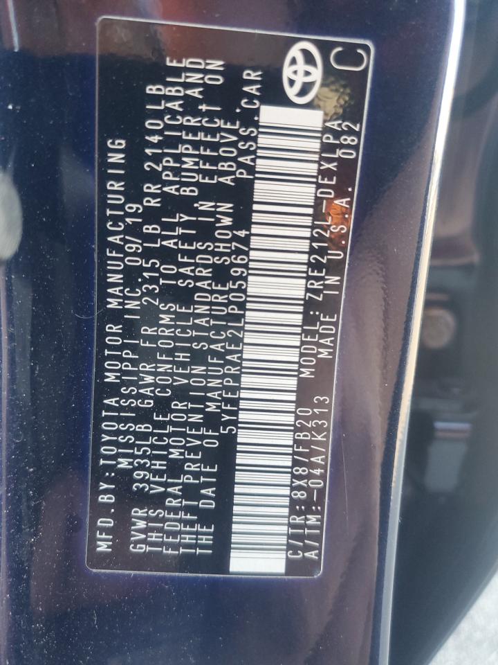 2020 Toyota Corolla VIN 5YFEPRAE2LP059674 Copart auction photo, rear end / side damage thumbnail 14
