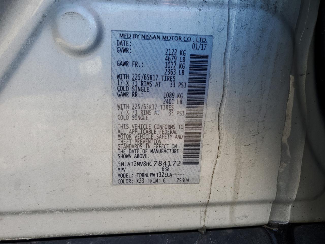 2017 Nissan Rogue VIN 5N1AT2MV8HC784172 Copart auction photo, front end damage thumbnail 13