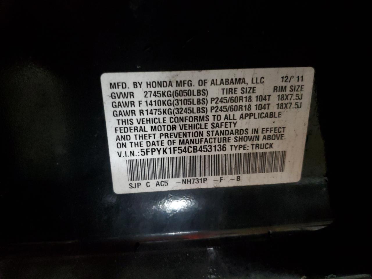 2012 Honda Ridgeline VIN 5FPYK1F54CB453136 Copart auction photo, side damage thumbnail 12