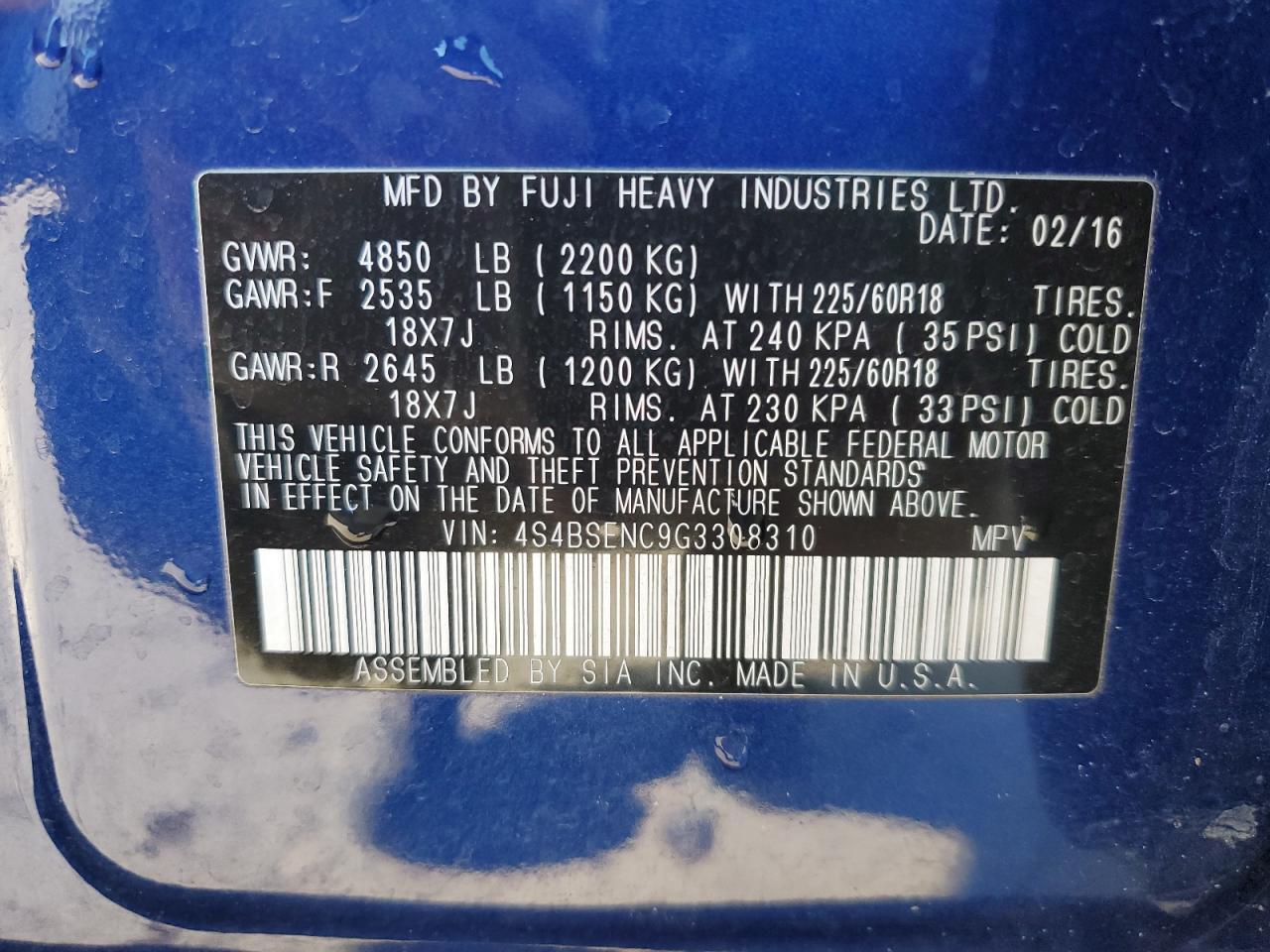 2016 Subaru Outback VIN 4S4BSENC9G3308310 Copart auction photo, hail damage thumbnail 13