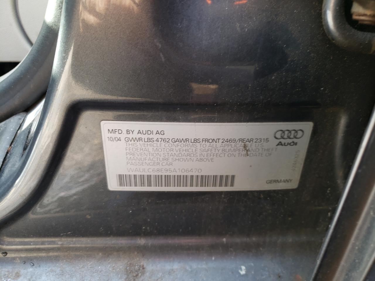 2005 Audi A4 VIN WAULC68E95A106470 Copart auction photo, front end / side damage thumbnail 12