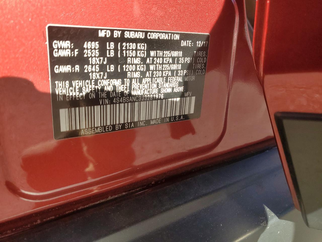 2018 Subaru Outback VIN 4S4BSANC3J3281976 Copart auction photo, front end / side damage thumbnail 12