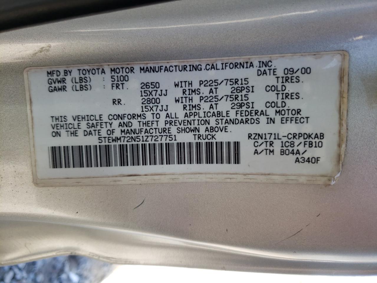 2001 Toyota Tacoma VIN 5TEWM72N51Z727751 Copart auction photo, rollover damage thumbnail 12