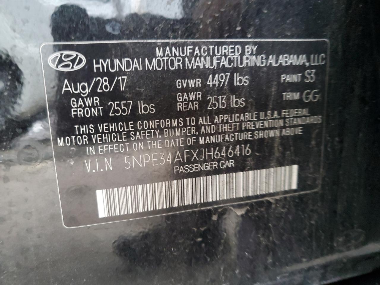 2018 Hyundai Sonata VIN 5NPE34AFXJH646416 Copart auction photo, front end / undercarriage damage thumbnail 14