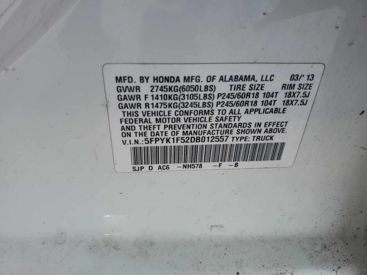 2013 Honda Ridgeline VIN 5FPYK1F52DB012557 Copart auction photo, front end damage thumbnail 15