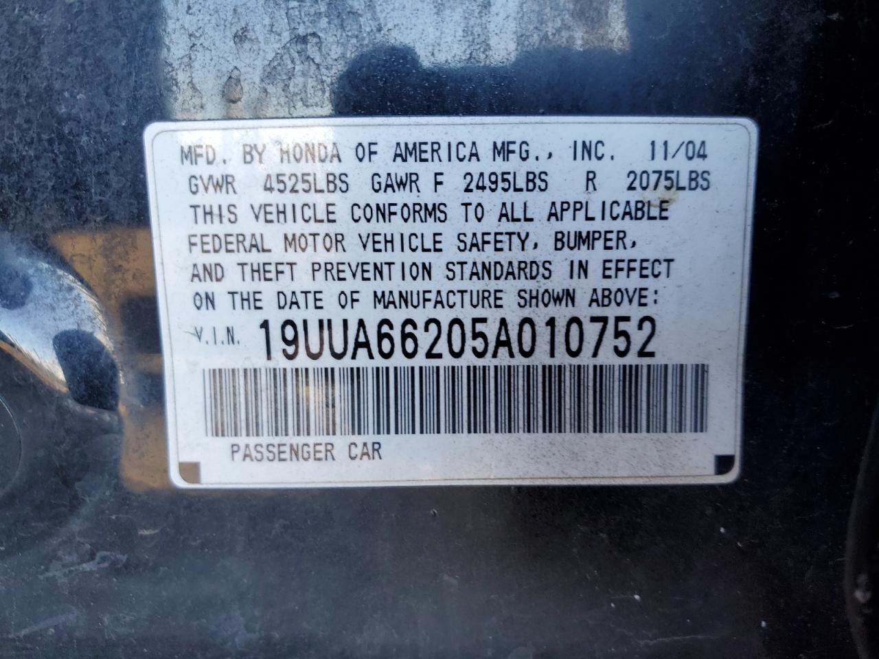 2005 Acura TL VIN 19UUA66205A010752 Copart auction photo, vandalism damage thumbnail 12