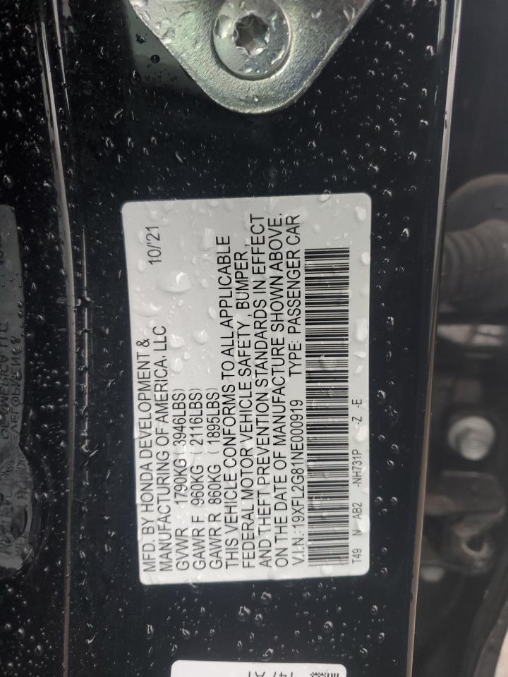 2022 Honda Civic VIN 19XFL2G81NE000919 Copart auction photo, front end / side damage thumbnail 14