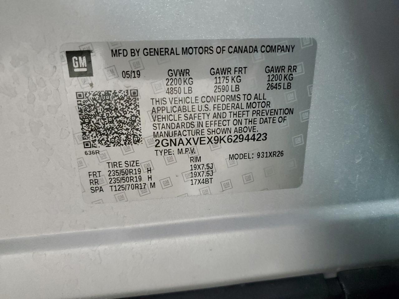 2019 Chevrolet Equinox VIN 2GNAXVEX9K6294423 Copart auction photo, side / rear end damage thumbnail 13