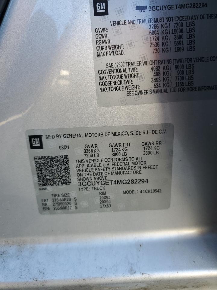2021 Chevrolet Silverado VIN 3GCUYGET4MG282294 Copart auction photo, all over / frame damage damage thumbnail 12