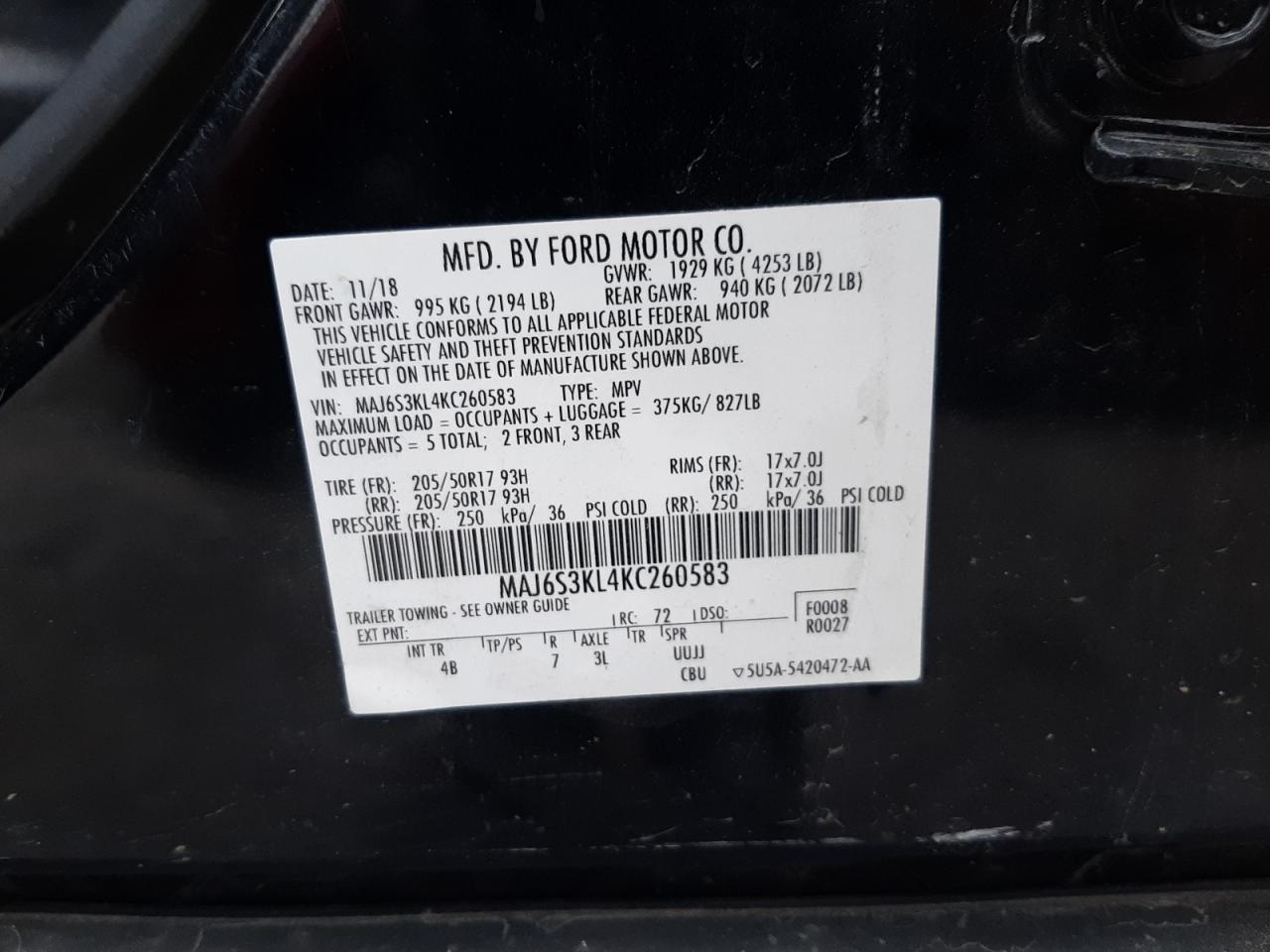 2019 Ford EcoSport VIN MAJ6S3KL4KC260583 Copart auction photo, side damage thumbnail 13