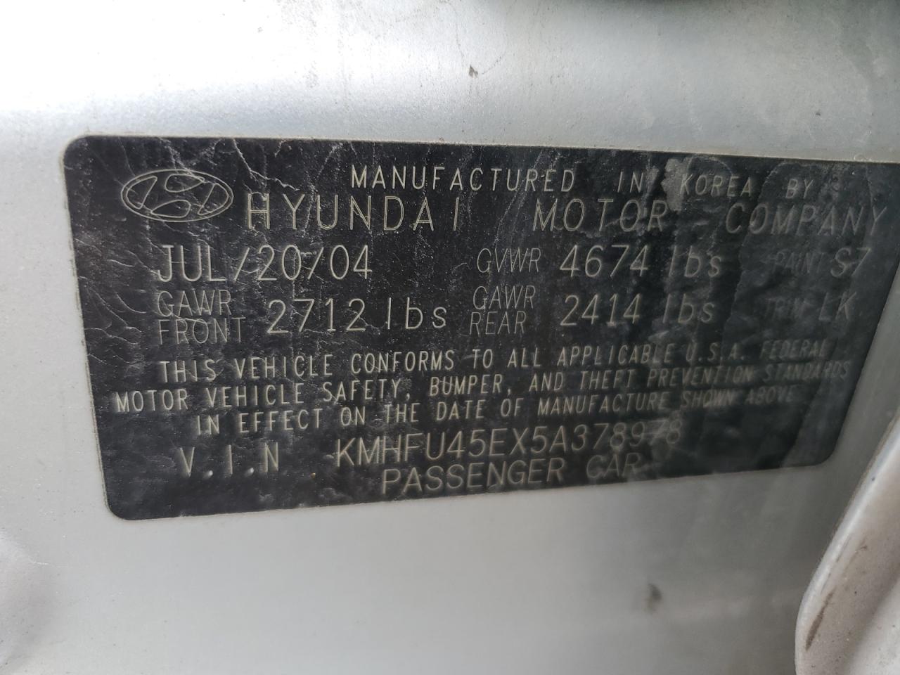 2005 Hyundai Grandeur VIN KMHFU45EX5A378978 Copart auction photo, water/flood / rear end damage thumbnail 12