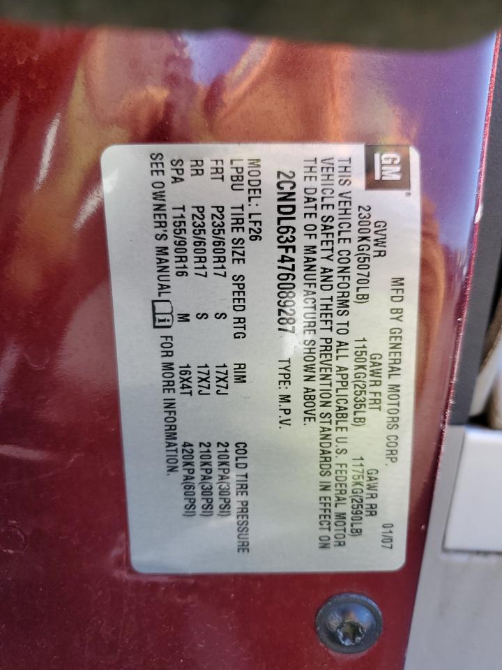 2007 Chevrolet Equinox VIN 2CNDL63F476089287 Copart auction photo, front end damage thumbnail 15