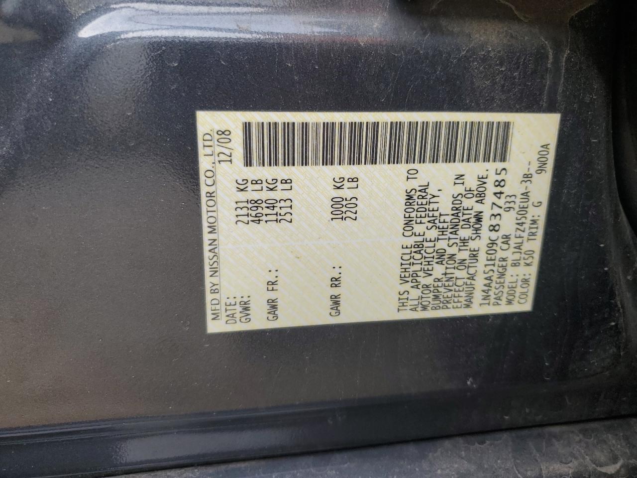 2009 Nissan Maxima VIN 1N4AA51E09C837485 Copart auction photo, front end damage thumbnail 15
