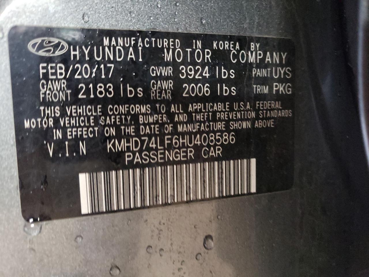 2017 Hyundai Elantra VIN KMHD74LF6HU408586 Copart auction photo, front end / side damage thumbnail 13