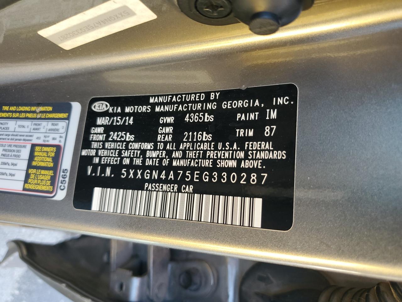 2014 KIA Optima VIN 5XXGN4A75EG330287 Copart auction photo, top/roof damage thumbnail 12