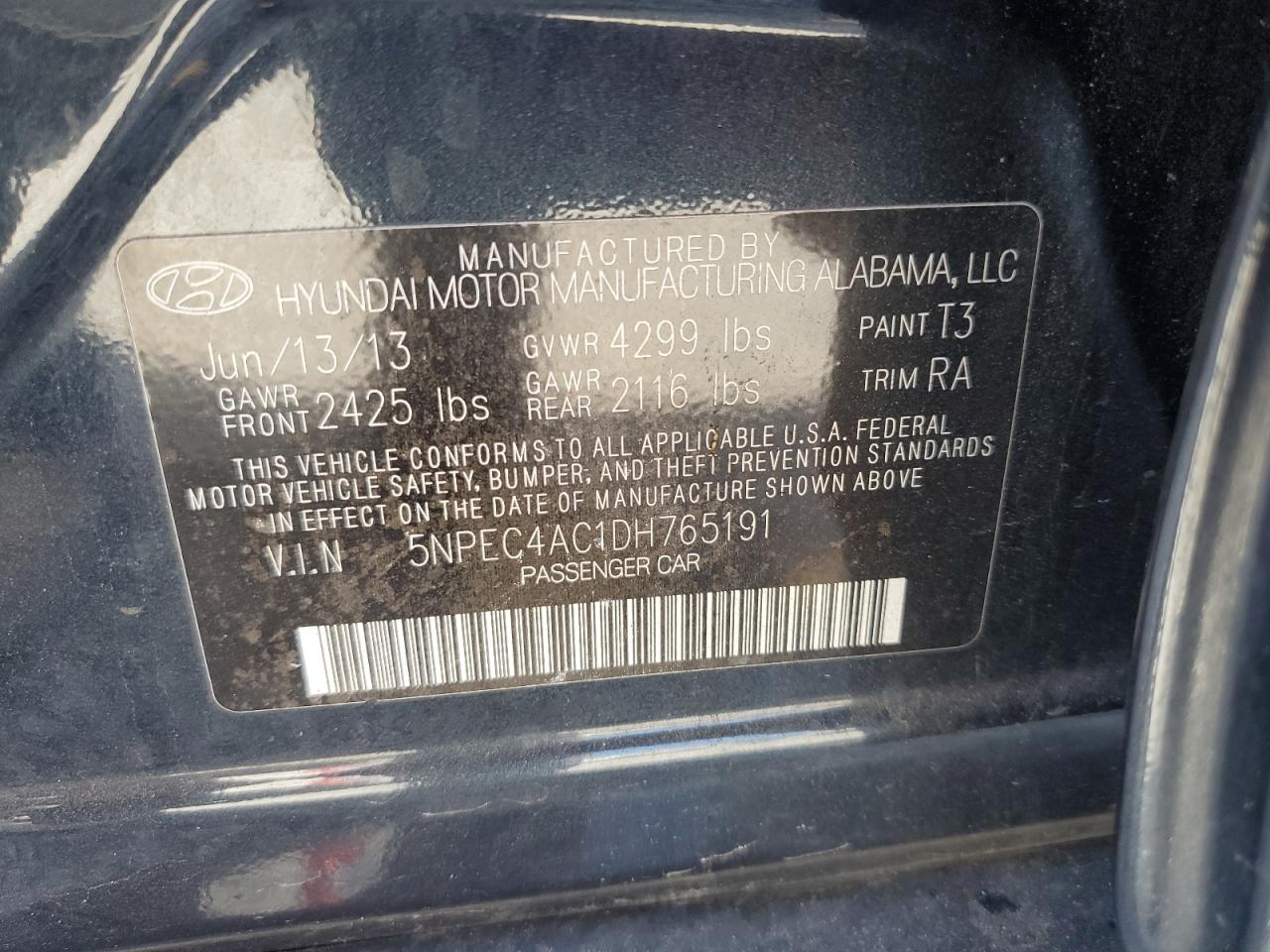 2013 Hyundai Sonata VIN 5NPEC4AC1DH765191 Copart auction photo, front end damage thumbnail 14