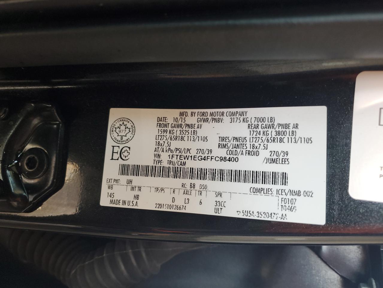 2015 Ford F-150 VIN 1FTEW1EG4FFC98400 Copart auction photo, side damage thumbnail 12
