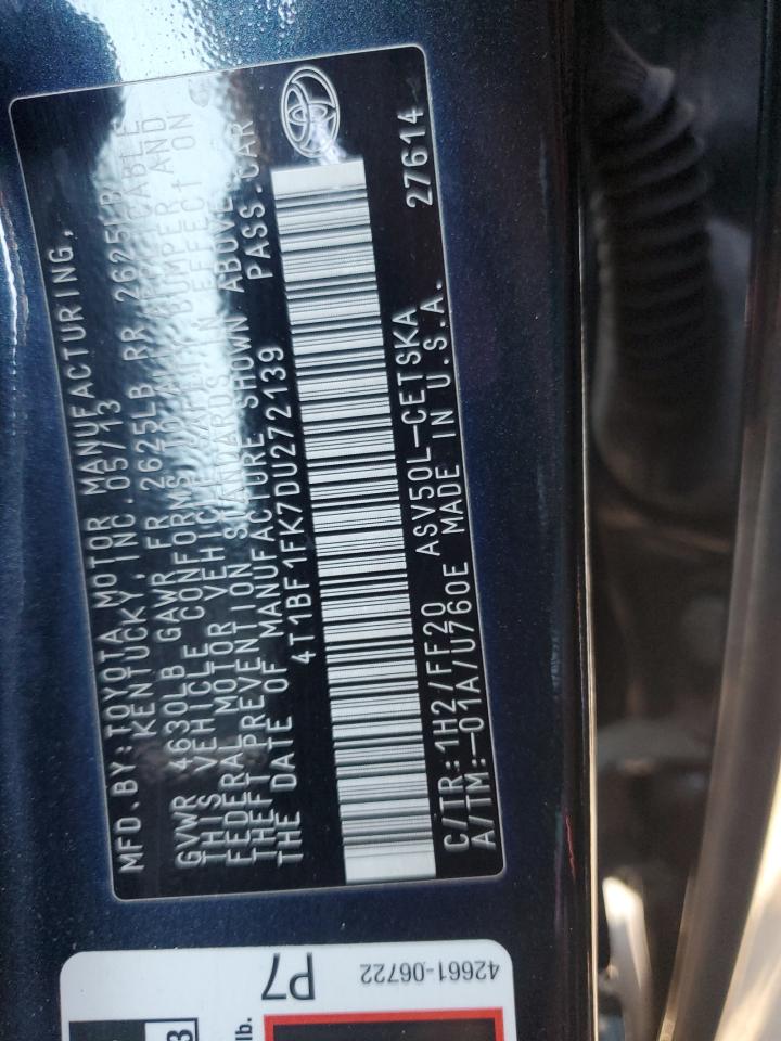 2013 Toyota Camry VIN 4T1BF1FK7DU272139 Copart auction photo, rear end / front end damage thumbnail 12