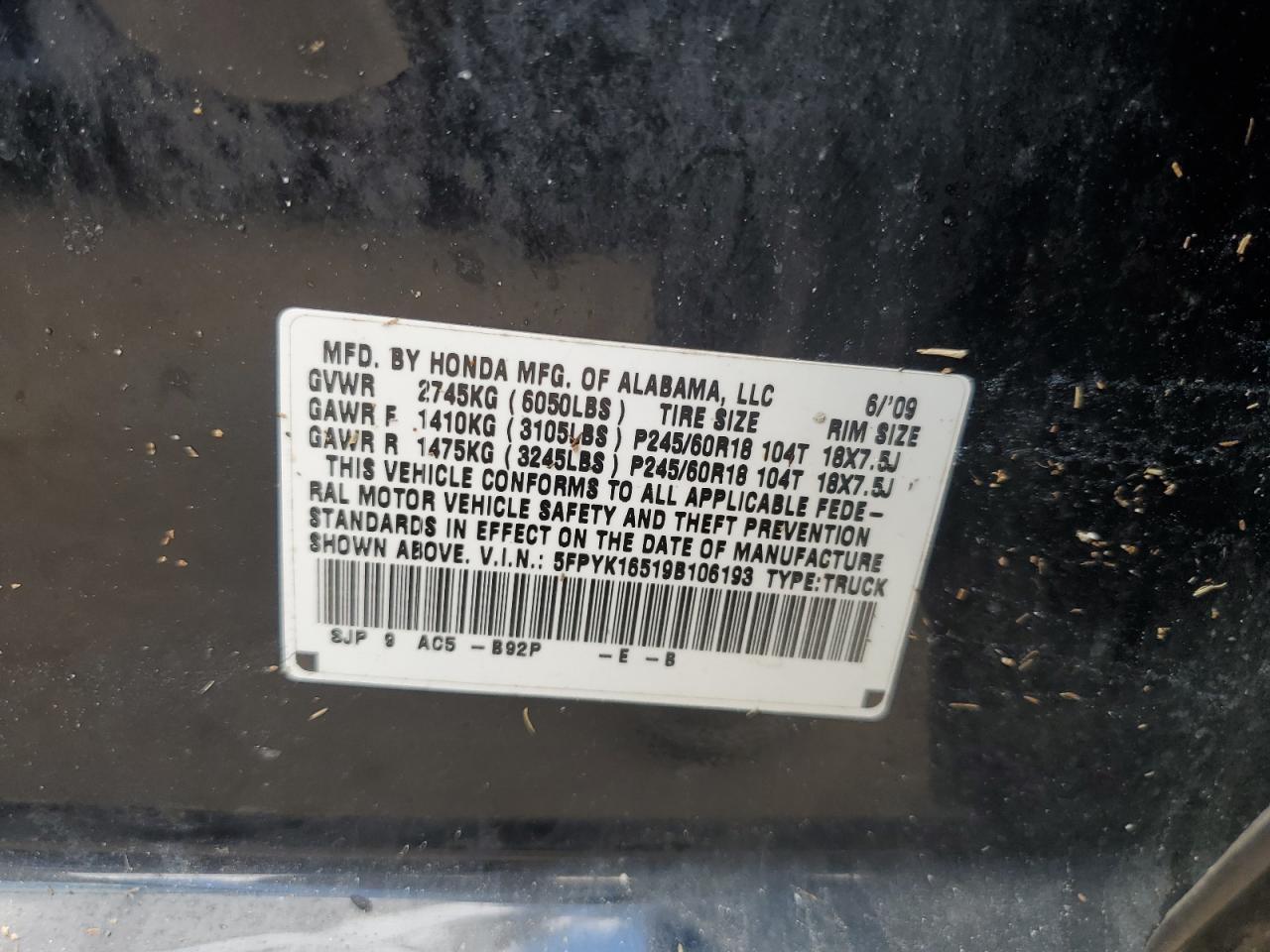 2009 Honda Ridgeline VIN 5FPYK16519B106193 Copart auction photo, water/flood / minor dent/scratches damage thumbnail 13
