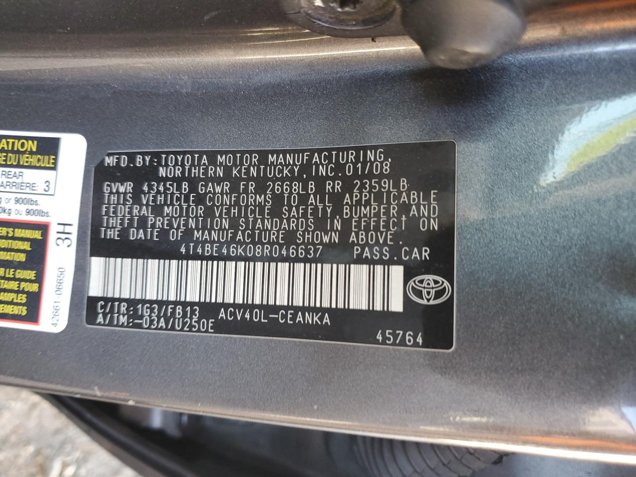 2008 Toyota Camry VIN 4T4BE46K08R046637 Copart auction photo, rear end damage thumbnail 12