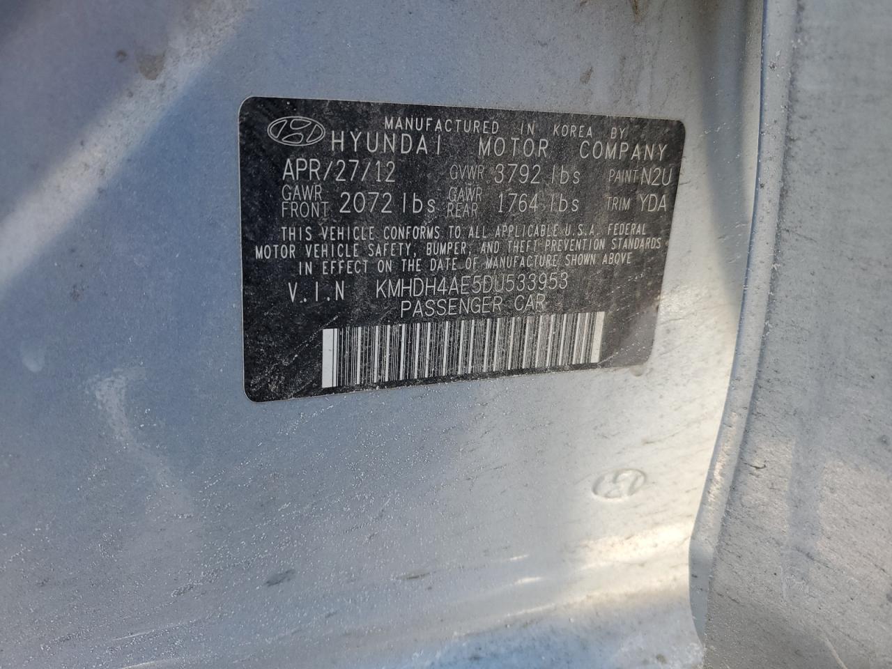 2013 Hyundai Elantra VIN KMHDH4AE5DU533953 Copart auction photo, side / front end damage thumbnail 12