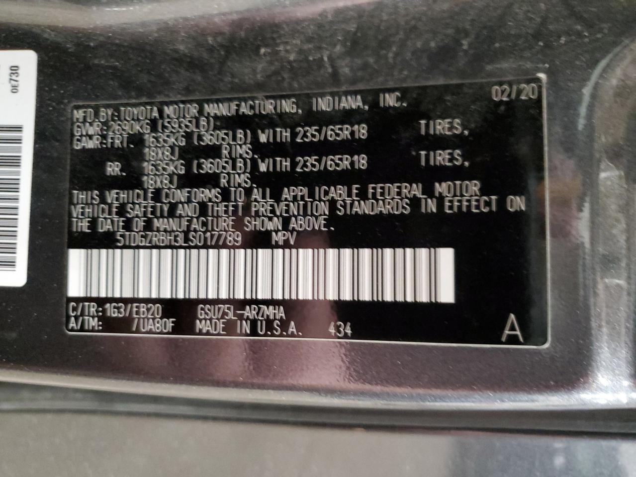 2020 Toyota Highlander VIN 5TDGZRBH3LS017789 Copart auction photo, side / front end damage thumbnail 15