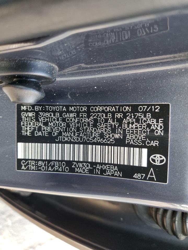 2012 Toyota Prius VIN JTDKN3DU7C5496625 Copart auction photo, burn damage thumbnail 12