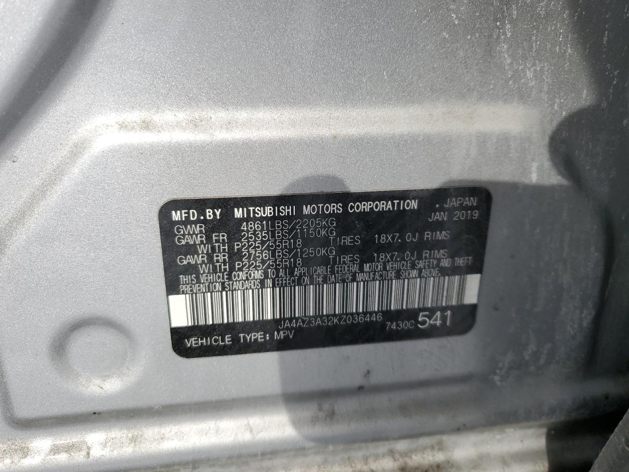 2019 Mitsubishi Outlander VIN JA4AZ3A32KZ036446 Copart auction photo, rear end damage thumbnail 13