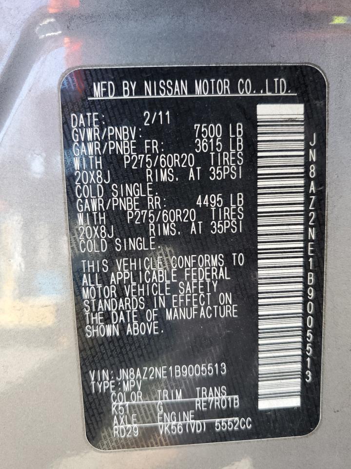 2011 Infiniti QX56 VIN JN8AZ2NE1B9005513 Copart auction photo, undercarriage / minor dent/scratches damage thumbnail 12